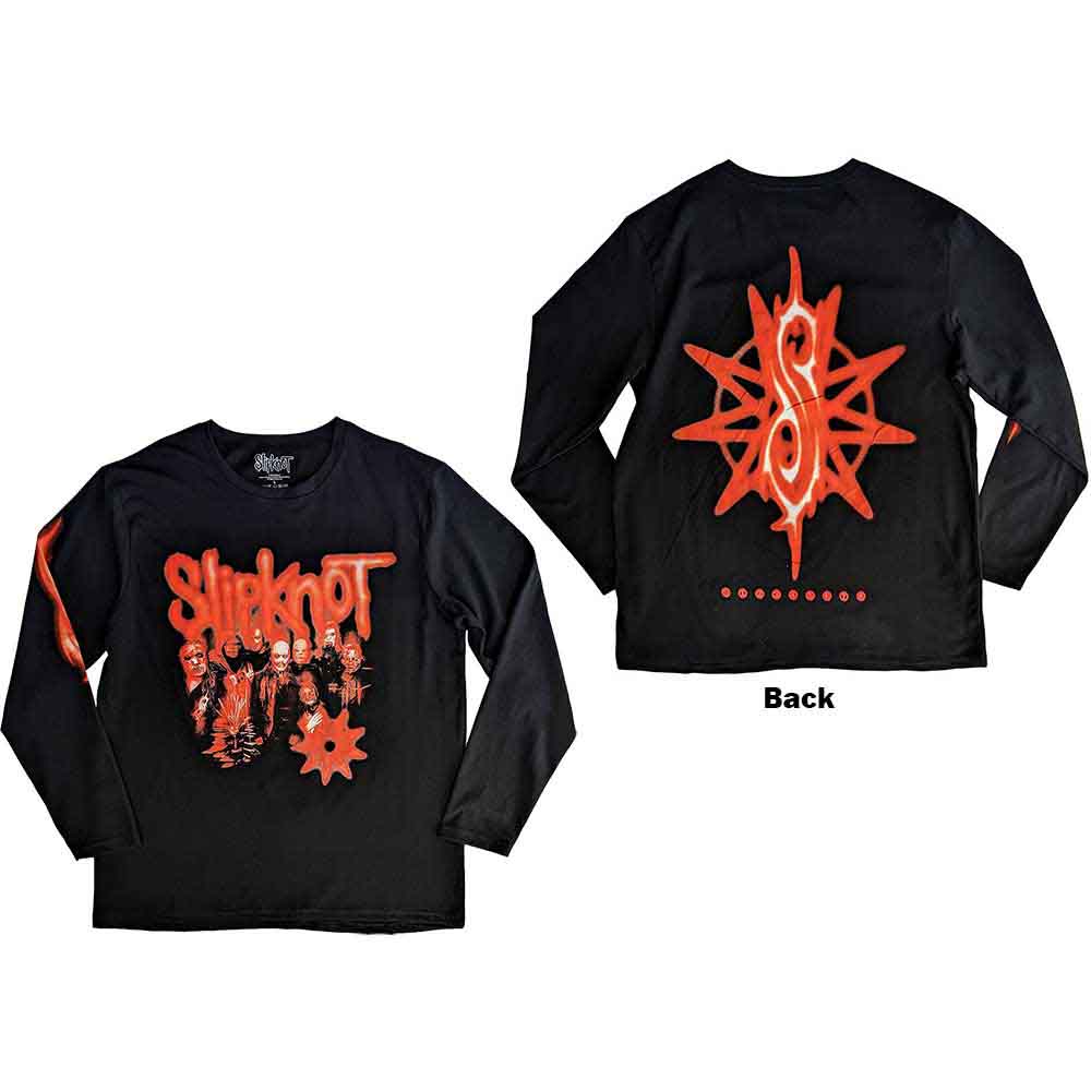 Slipknot Unisex Long Sleeve T-Shirt: The End, So Far Group Photo Tribal-S Nonagram (Black) (Back & Sleeve Print)