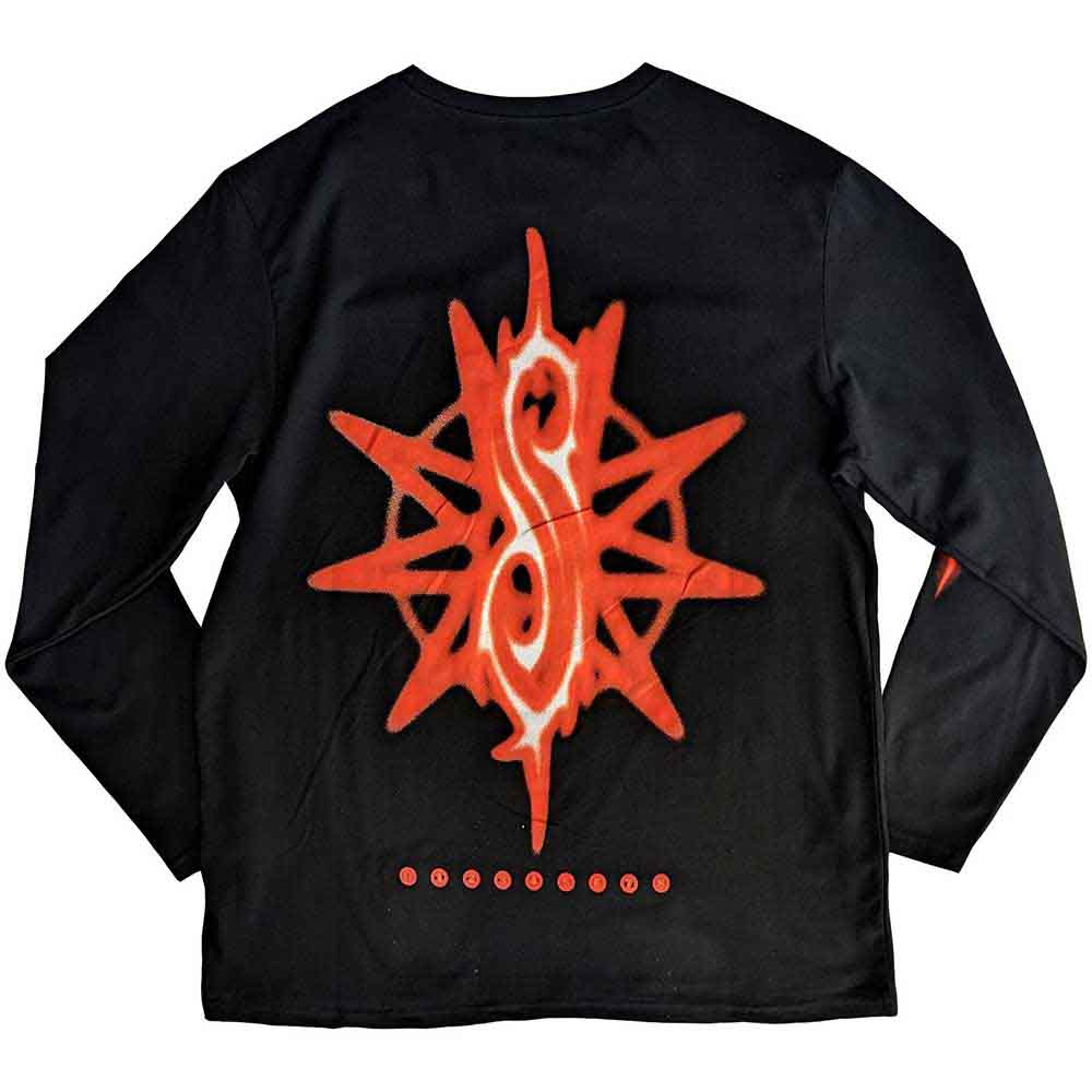 Slipknot Unisex Long Sleeve T-Shirt: The End, So Far Group Photo Tribal-S Nonagram (Black) (Back & Sleeve Print)