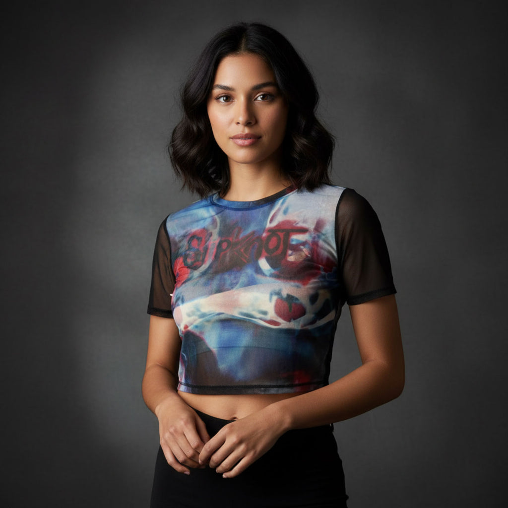 Slipknot Ladies Mesh Crop Top: Face & Logo (Black)