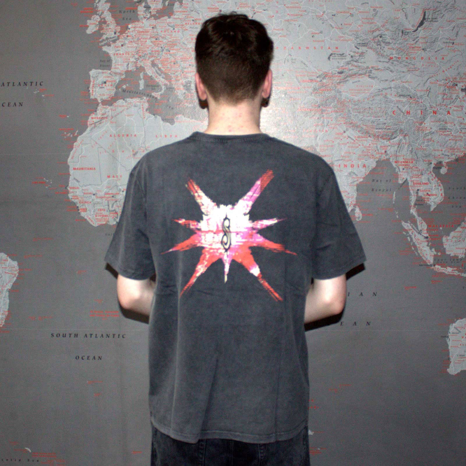 Slipknot Unisex Stone Wash T-Shirt: Album Splatter (Charcoal Grey) (Back Print)