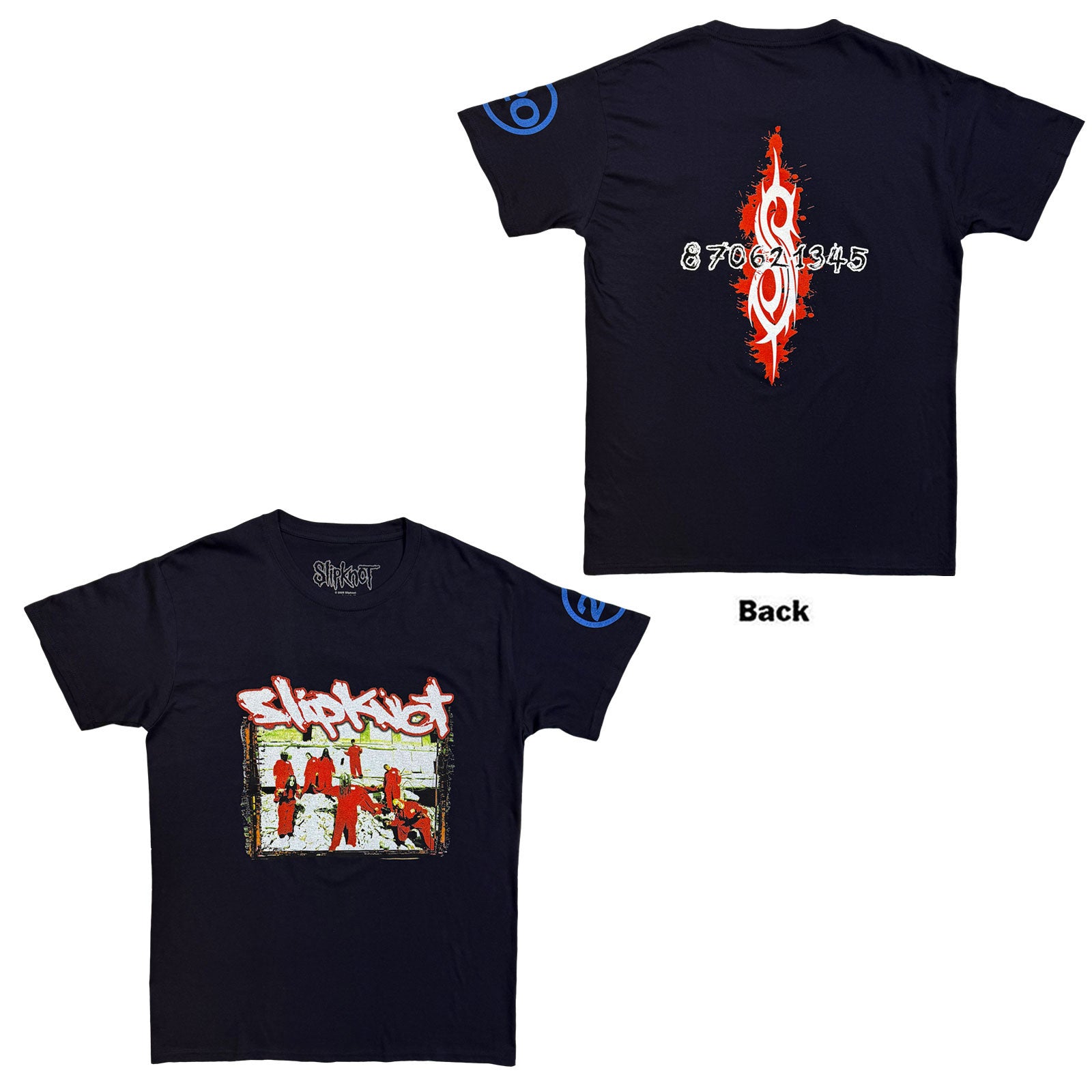 Slipknot Unisex T-Shirt: 20th Anniversary - Red Jump Suits (Navy Blue) (Back & Sleeve Print)