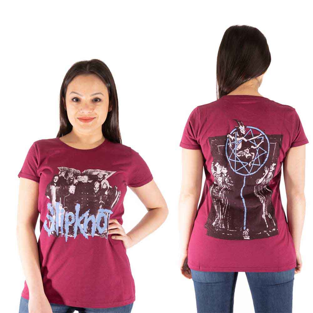 Slipknot Ladies T-Shirt: Goat Logo Demon (Maroon Red) (Back Print)