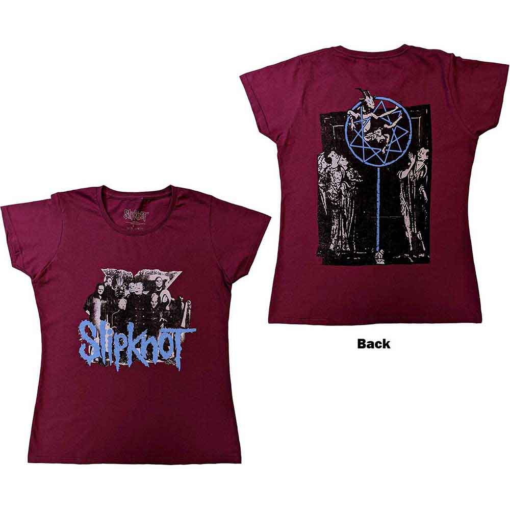 Slipknot Ladies T-Shirt: Goat Logo Demon (Maroon Red) (Back Print)