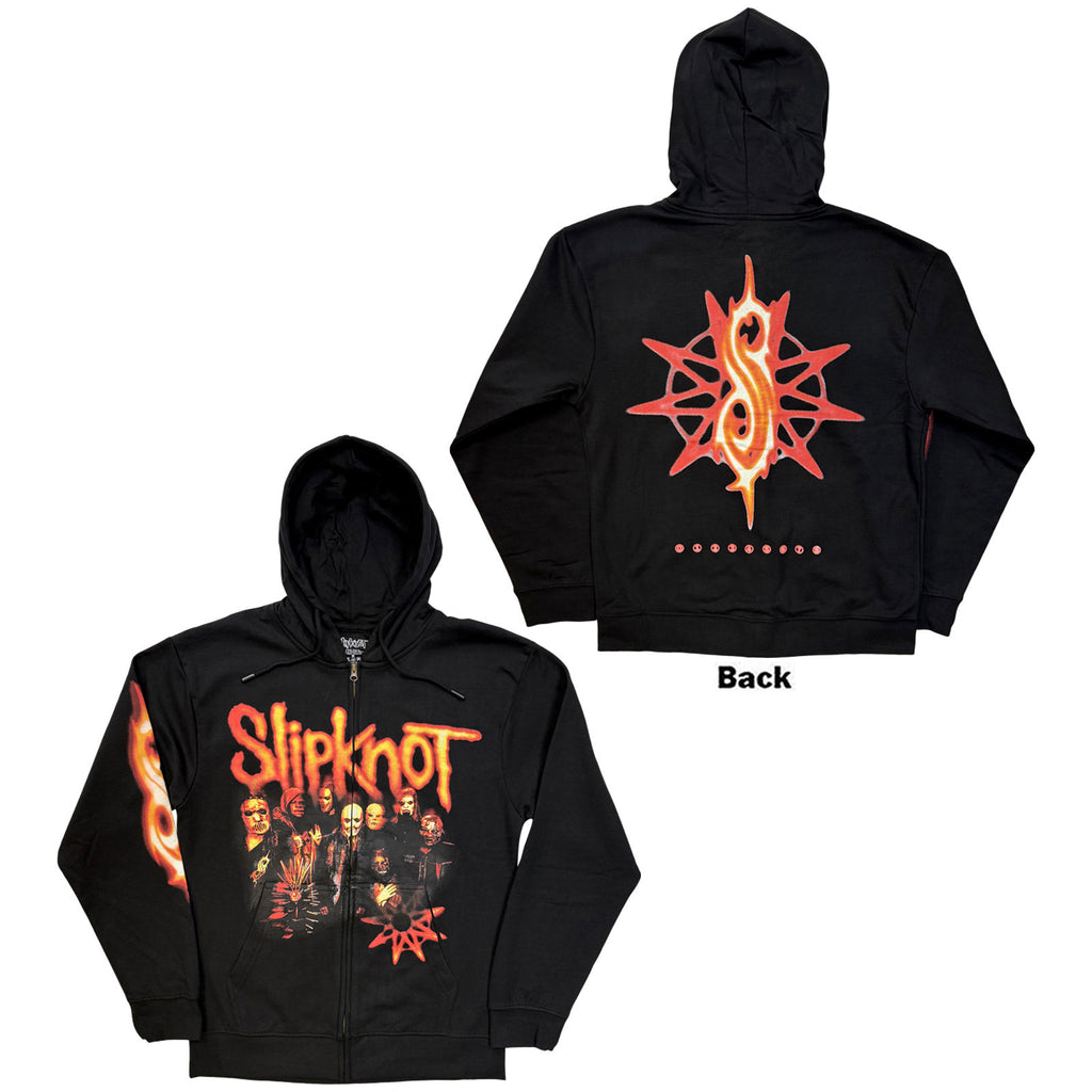 Slipknot Unisex Zipped Hoodie: TESF Group Photo Nonagram (Black) (Back Print)