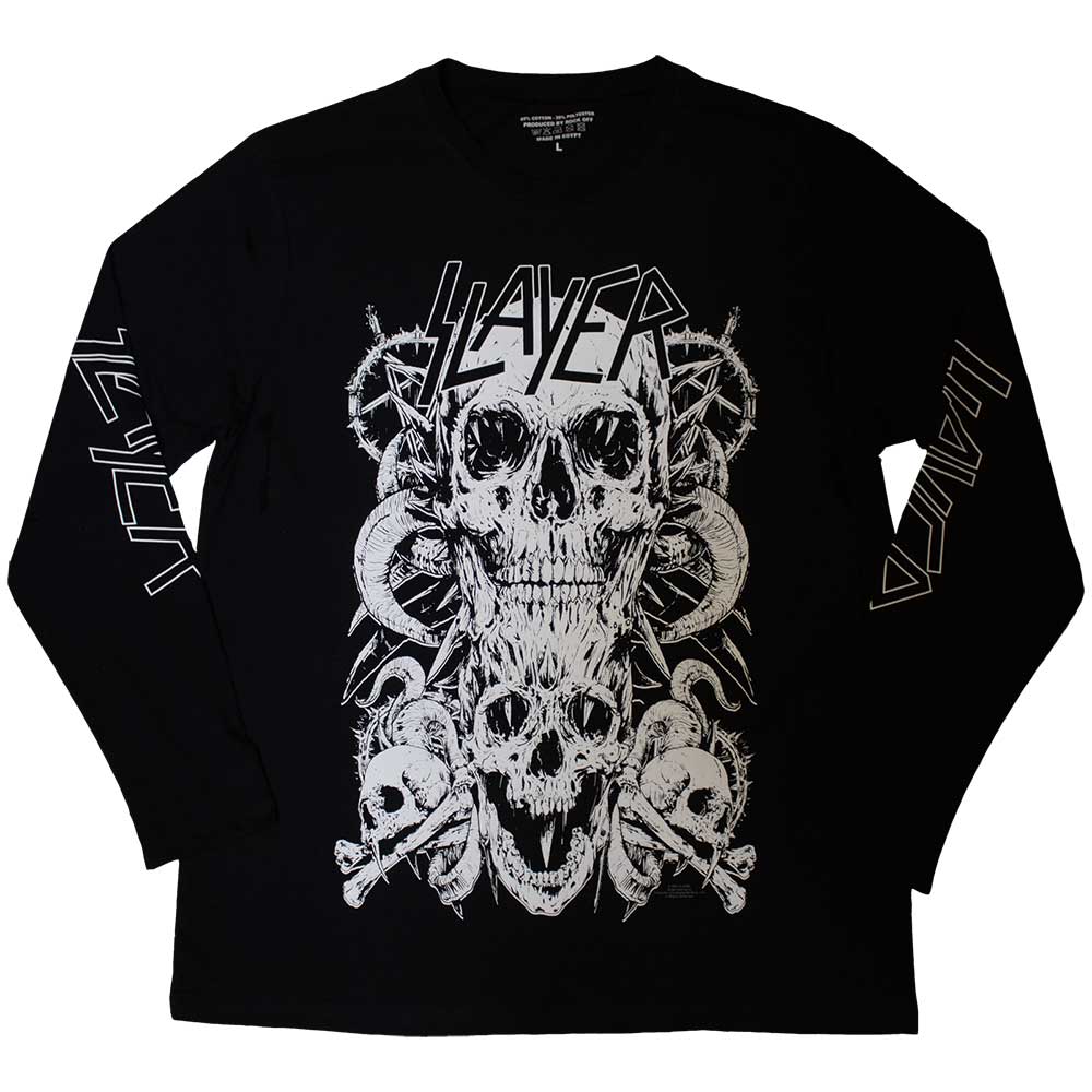 Slayer Unisex Long Sleeve T-Shirt: White Skulls (Black) (Sleeve Print)