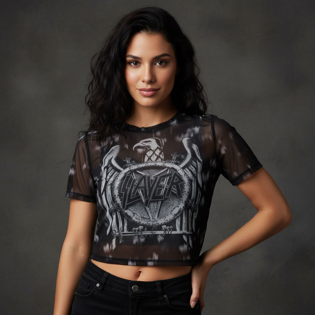 Slayer Ladies Mesh Crop Top: Mono Eagle (Black)