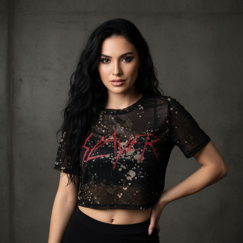 Slayer Ladies Mesh Crop Top: Scratchy Logo (Black)