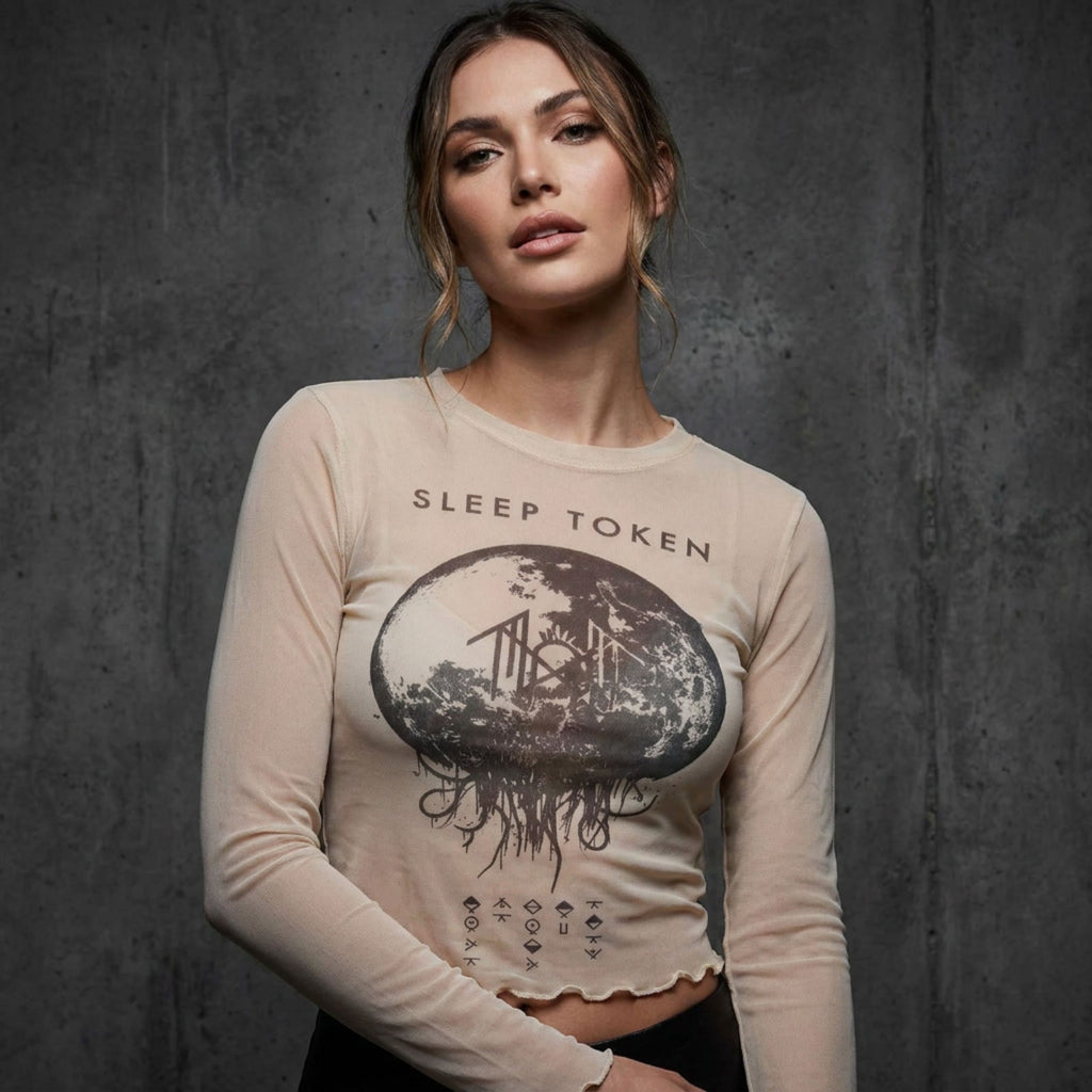 Sleep Token Ladies Long Sleeve Mesh Crop Top: Take Me Back To Eden (Natural)
