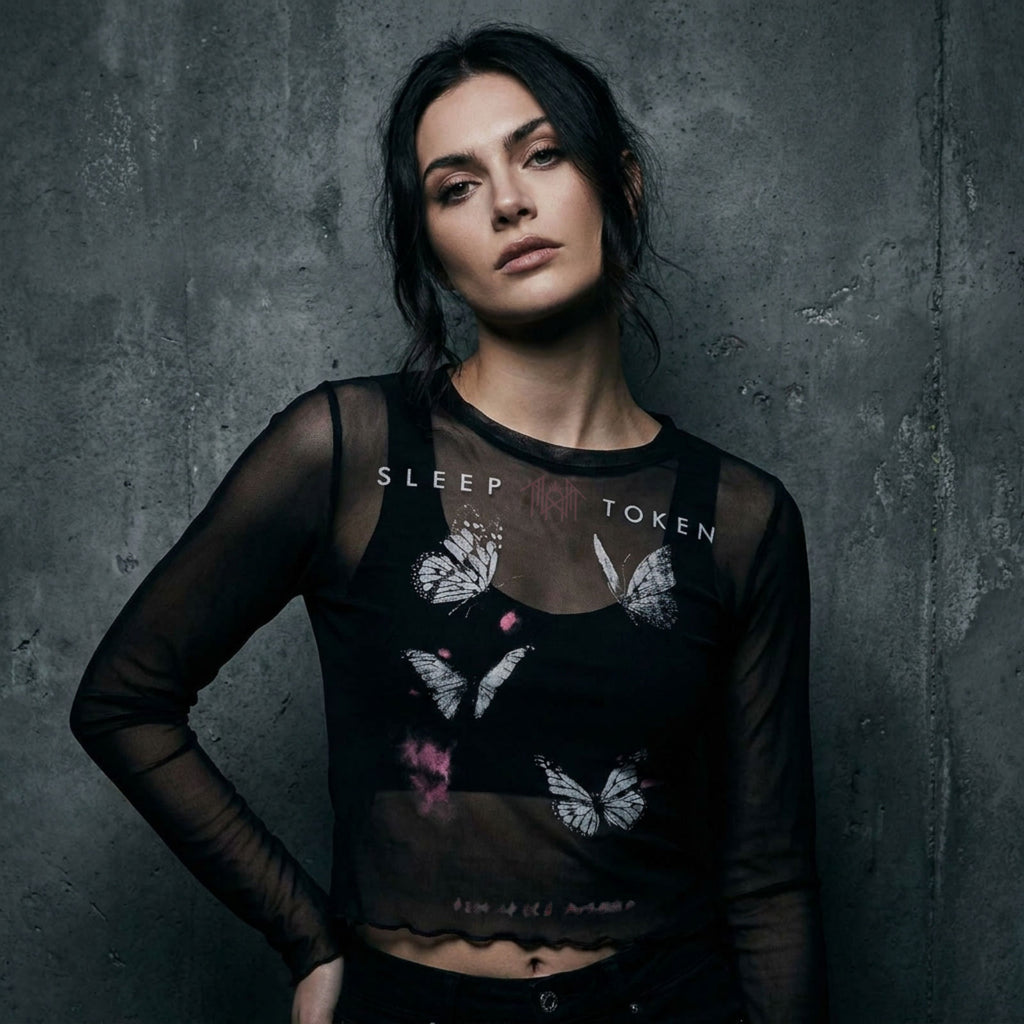 Sleep Token Ladies Long Sleeve Mesh Crop Top: Butterflies (Black)