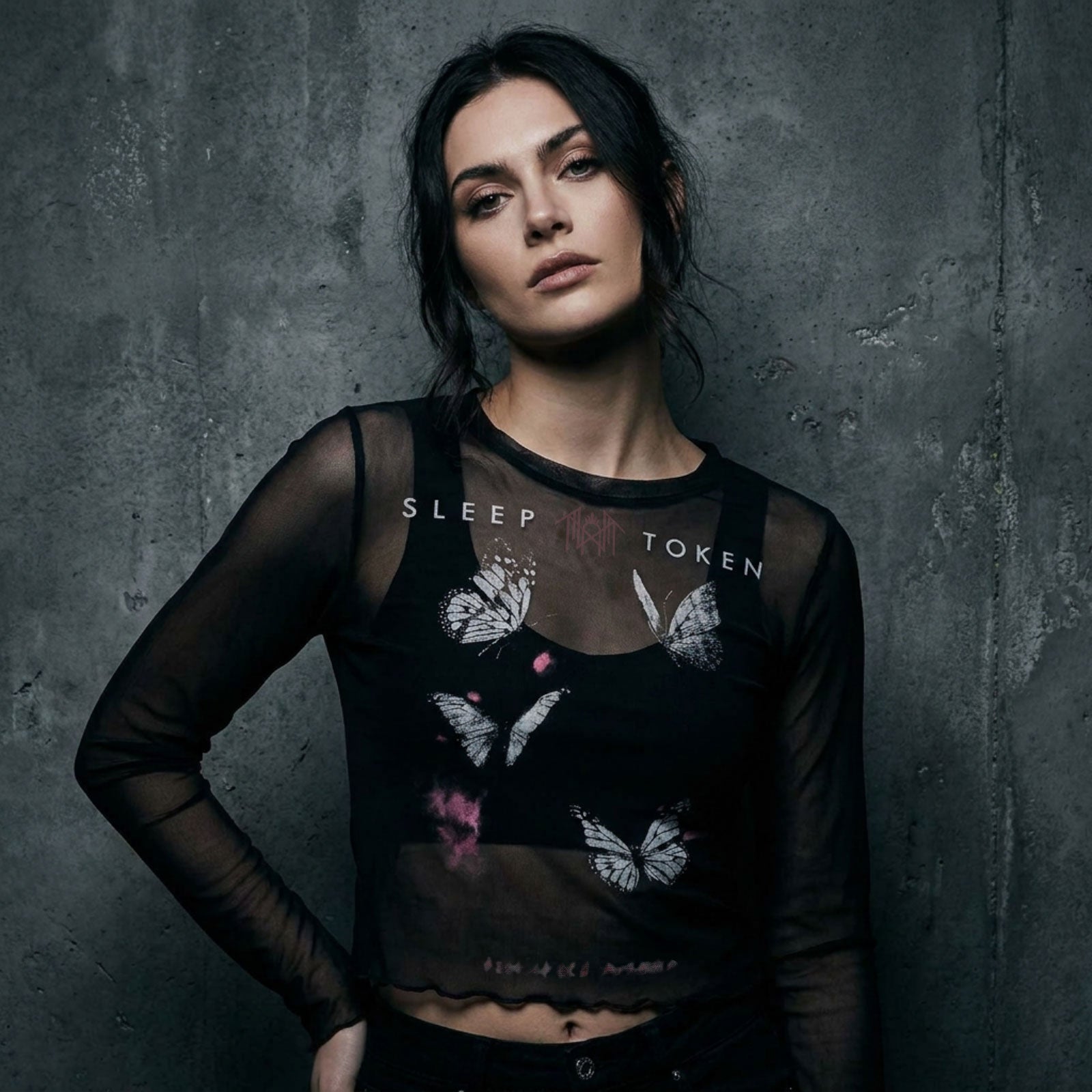 Sleep Token Ladies Long Sleeve Mesh Crop Top: Butterflies (Black)