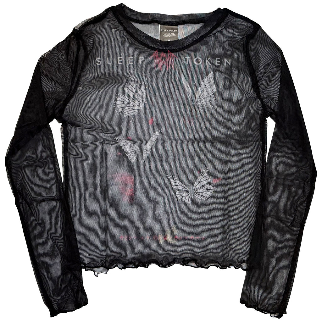 Sleep Token Ladies Long Sleeve Mesh Crop Top: Butterflies (Black)