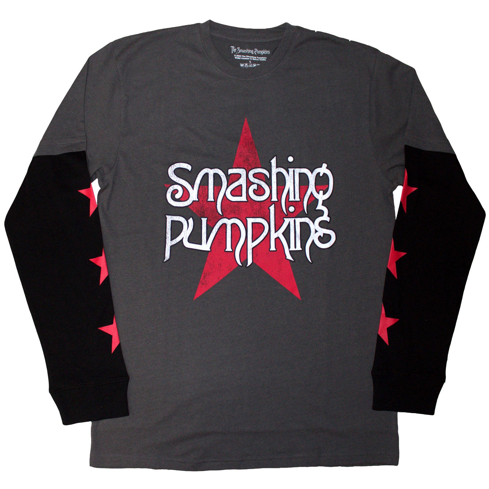 The Smashing Pumpkins Unisex Layered Long Sleeve T-Shirt: Star Logo (Charcoal Grey & Black) (Sleeve Print)