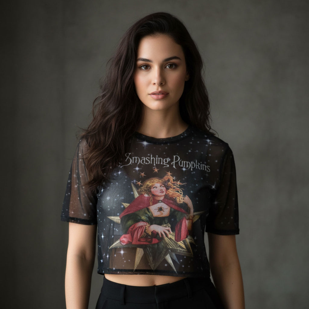 The Smashing Pumpkins Ladies Long Sleeve Mesh Crop Top: Mellon Collie (Navy)