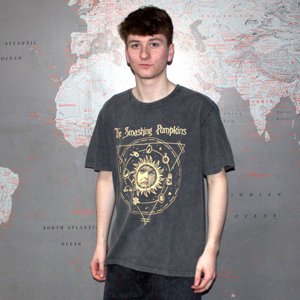 The Smashing Pumpkins Unisex Stone Wash T-Shirt: Celestial Sun (Charcoal Grey)
