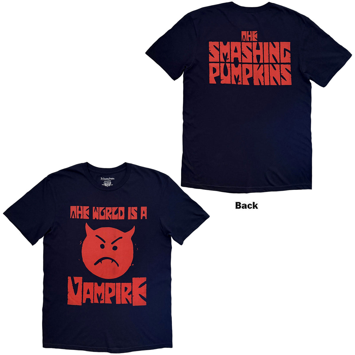 The Smashing Pumpkins Unisex T-Shirt: Red Face Vampire (Navy Blue) (Back Print)