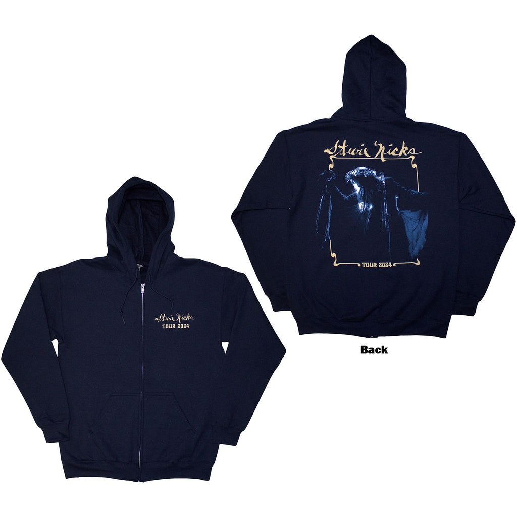 Stevie Nicks Unisex Zipped Hoodie: Tour '24 Live Photo (Navy Blue) (Back Print & Ex-Tour)