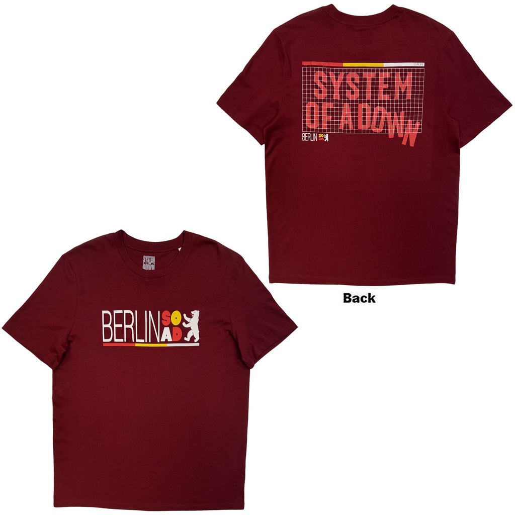 System Of A Down Unisex T-Shirt: Berlin Event Tour '26 (Maroon Red) (Back Print & Ex-Tour)