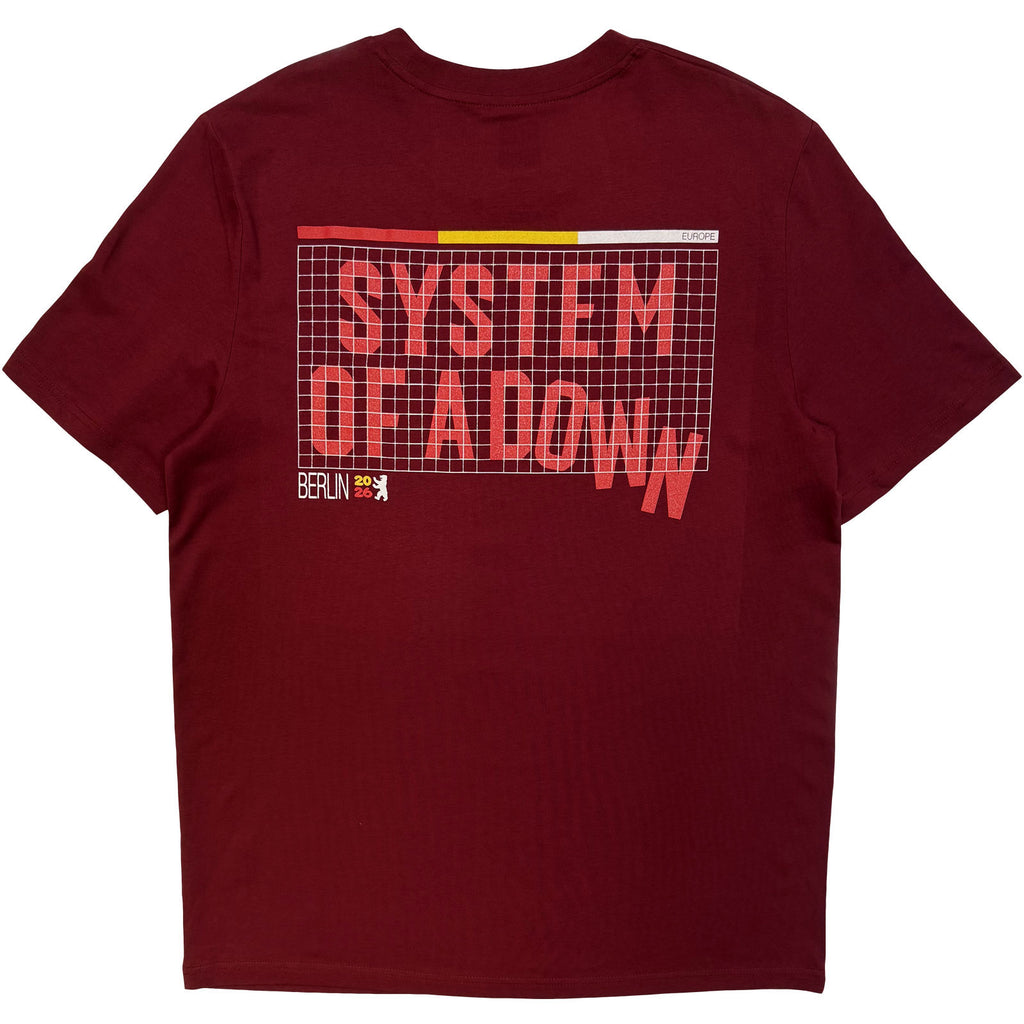 System Of A Down Unisex T-Shirt: Berlin Event Tour '26 (Maroon Red) (Back Print & Ex-Tour)