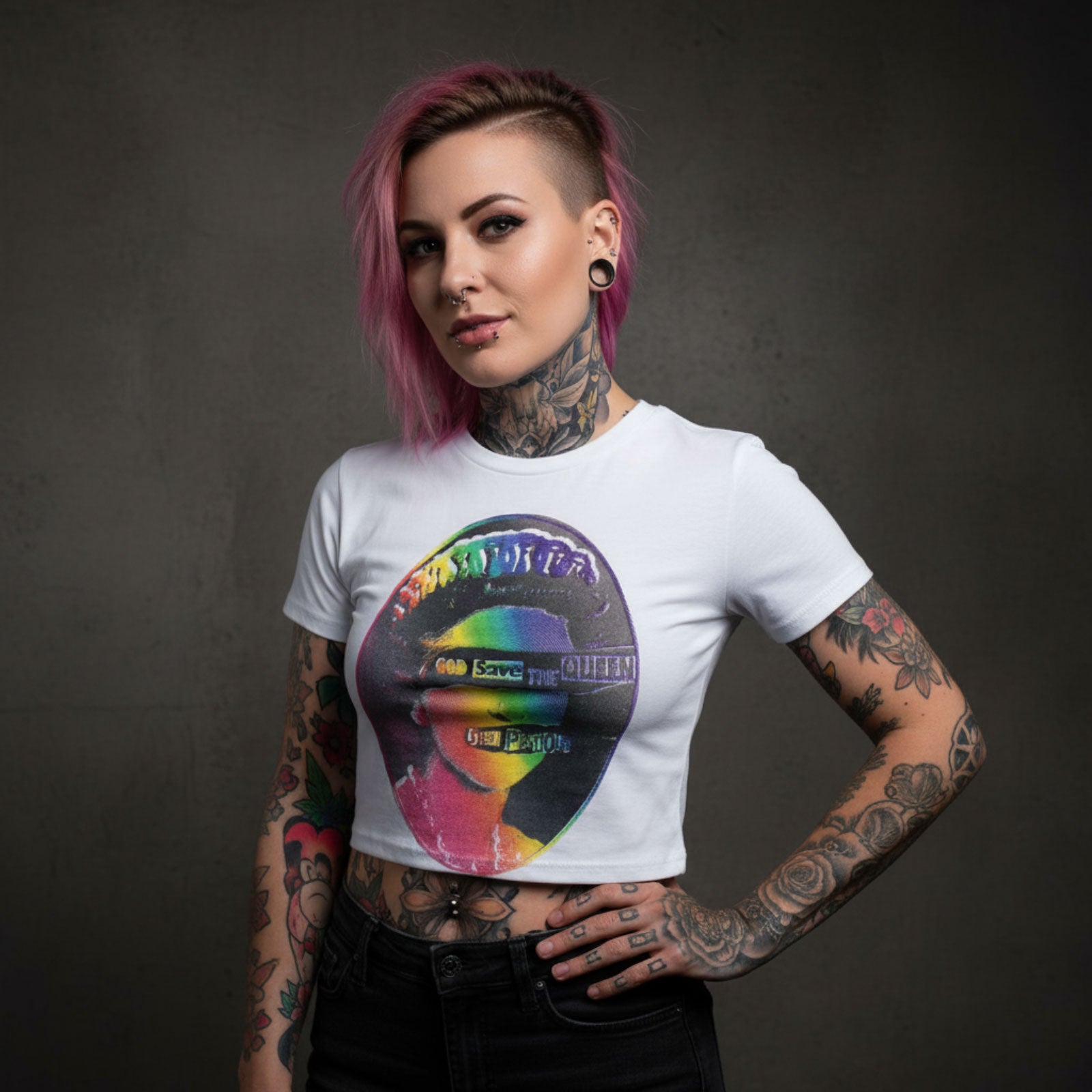 The Sex Pistols Ladies Crop Top: God Save The Queen Rainbow Print (White)
