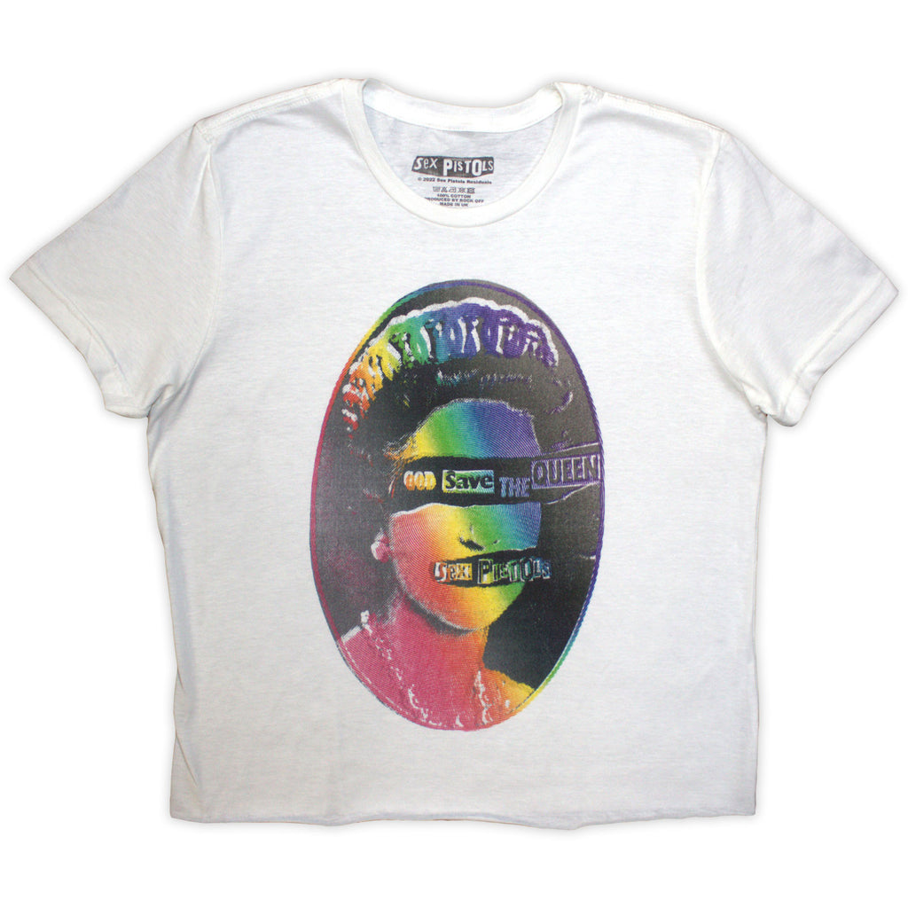 The Sex Pistols Ladies Crop Top: God Save The Queen Rainbow Print (White)