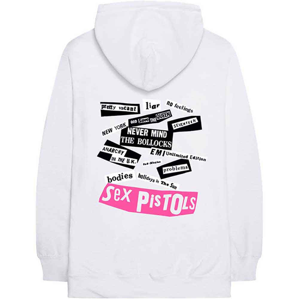 The Sex Pistols Unisex Pullover Hoodie: Never Mind The Bollocks (White) (Back Print & Sleeve Print)