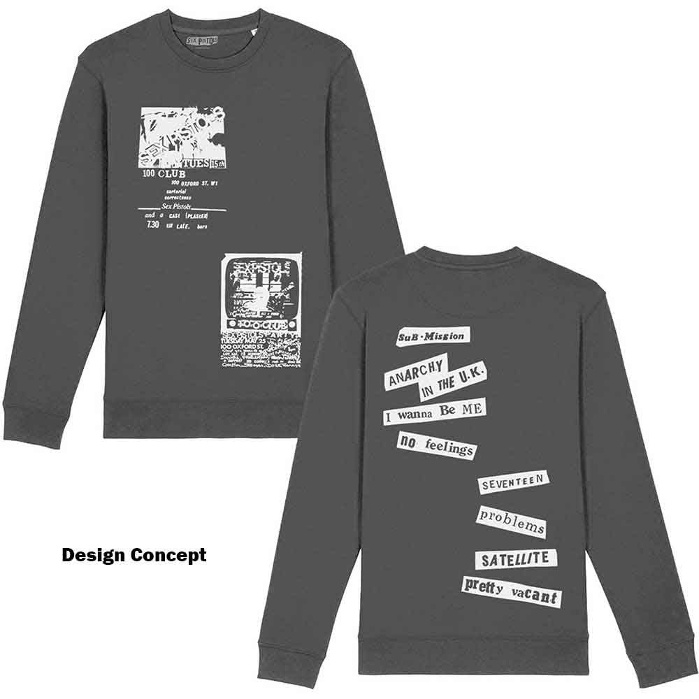 The Sex Pistols Unisex Long Sleeve T-Shirt: 100 Club (Charcoal Grey) (Back Print)
