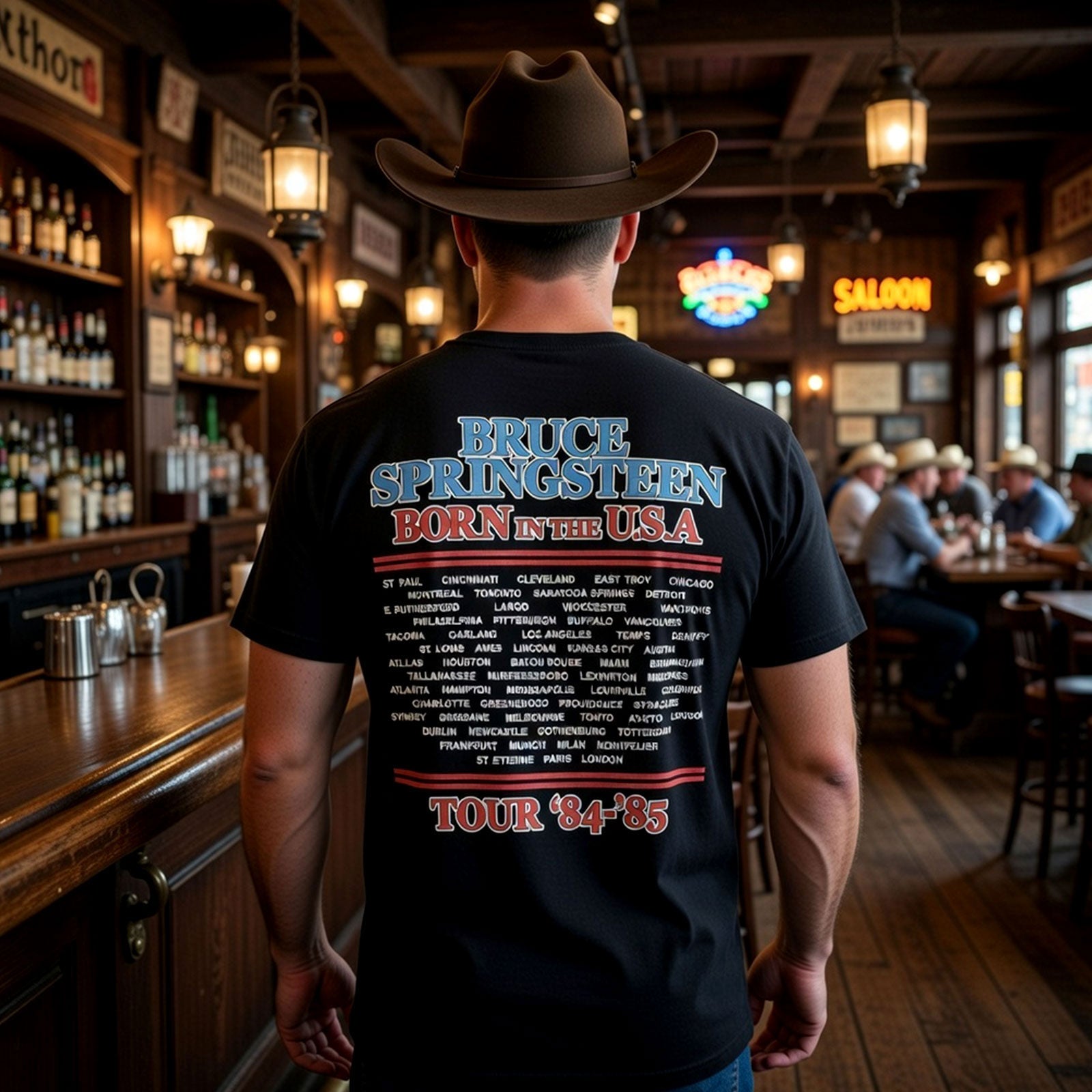 Bruce Springsteen Unisex Premium Carbon T-Shirt: E Street Tour '84-'85 (Black) (Back Print)