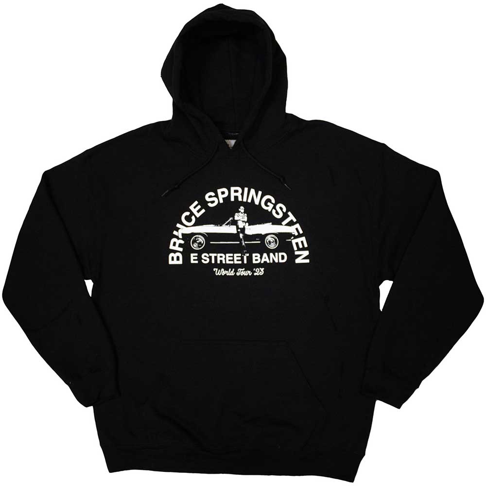 Bruce Springsteen Unisex Pullover Hoodie: Tour '23 Leaning Car (Black) (Back Print & Ex-Tour)