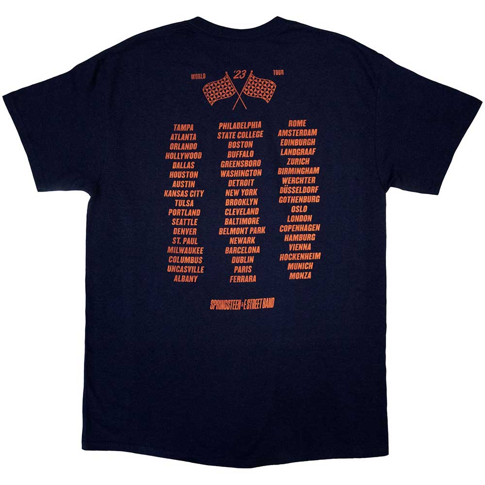Bruce Springsteen Unisex T-Shirt: Tour '23 Guitar (Navy Blue) (Back Print & Ex-Tour)