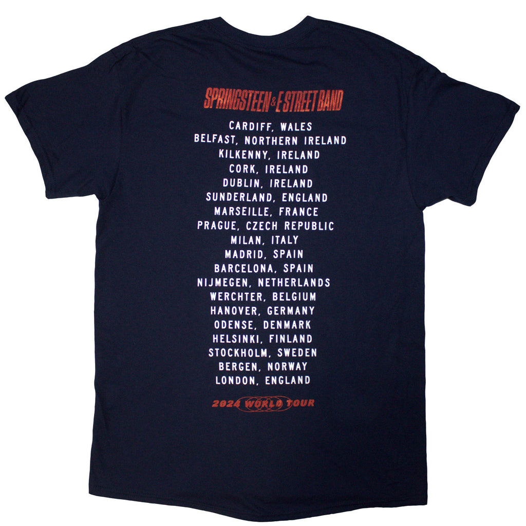 Bruce Springsteen Unisex T-Shirt: Tour '24 Guitar Photo (Navy Blue) (Back Print & Ex-Tour)