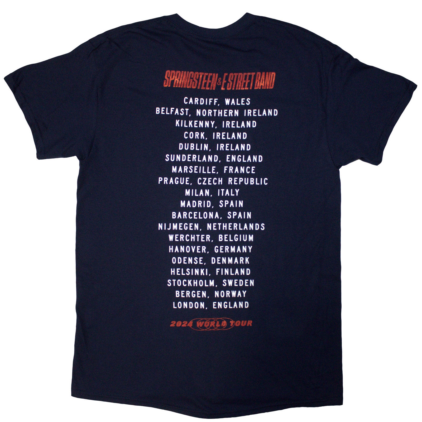 Bruce Springsteen Unisex T-Shirt: Tour '24 Guitar Photo (Navy Blue) (Back Print & Ex-Tour)