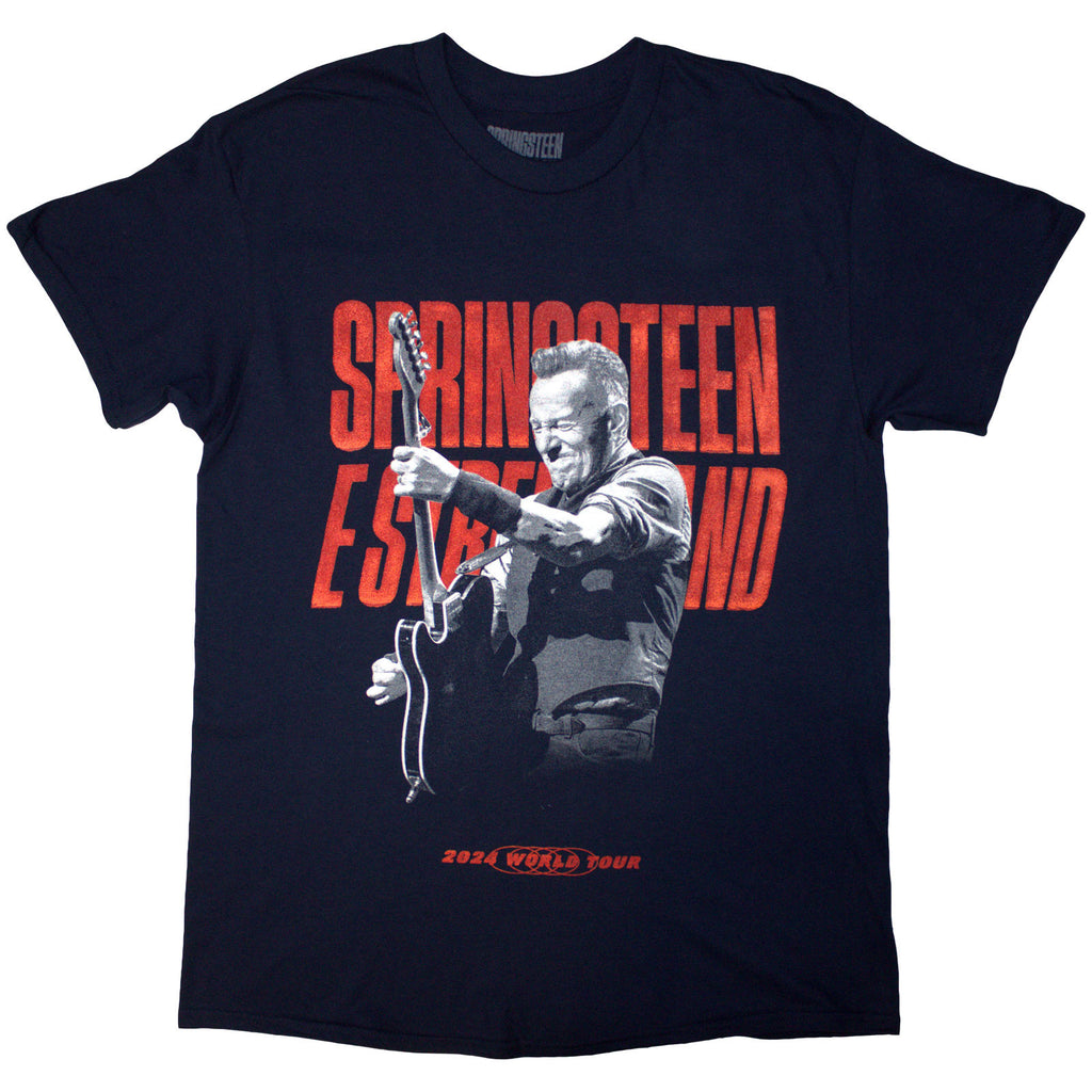 Bruce Springsteen Unisex T-Shirt: Tour '24 Guitar Photo (Navy Blue) (Back Print & Ex-Tour)