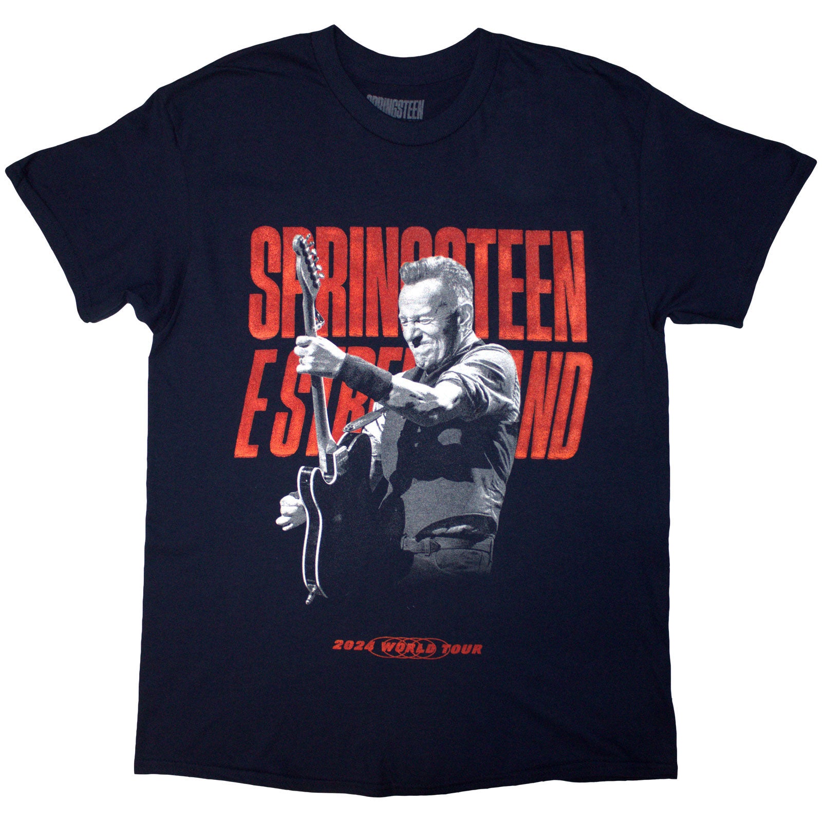 Bruce Springsteen Unisex T-Shirt: Tour '24 Guitar Photo (Navy Blue) (Back Print & Ex-Tour)