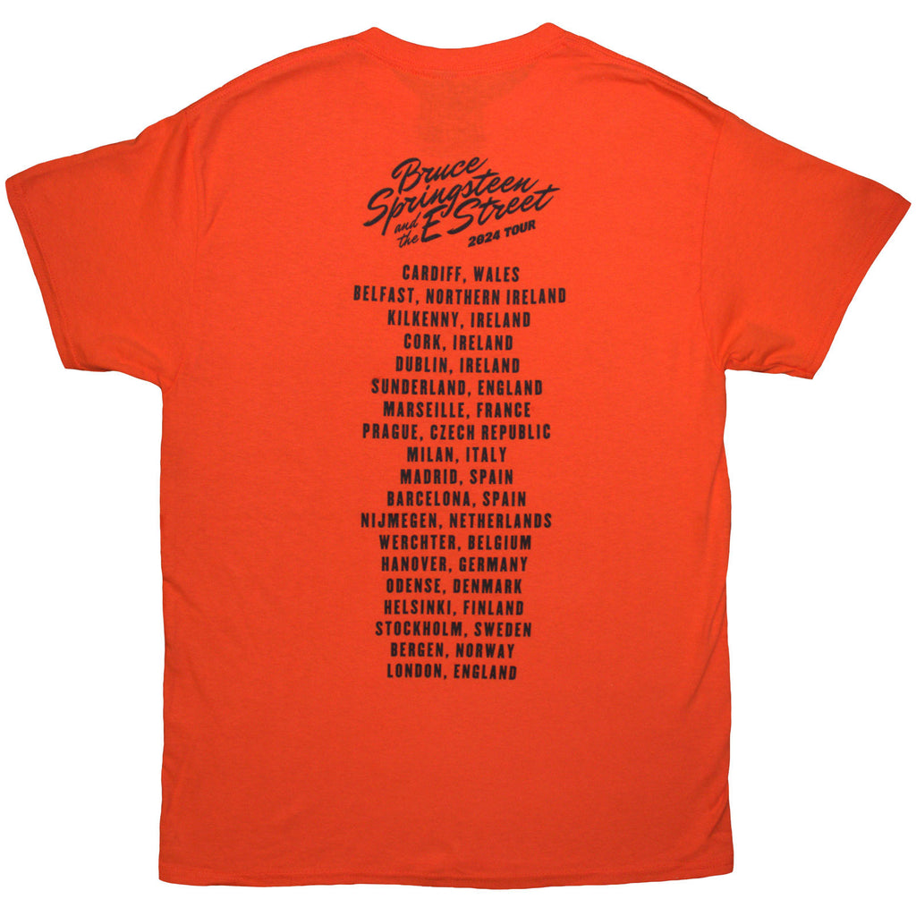 Bruce Springsteen Unisex T-Shirt: Tour '24 River Font (Orange) (Back Print & Ex-Tour)