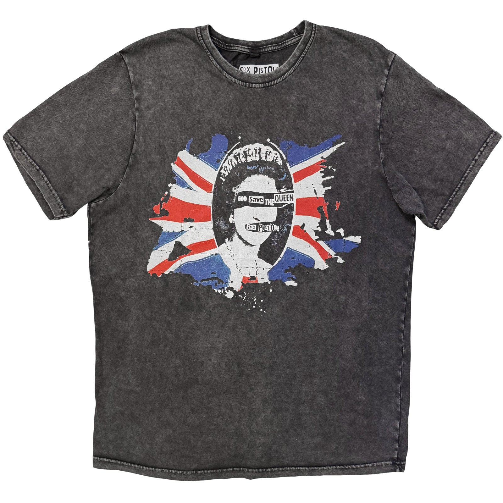 The Sex Pistols Unisex Stone Wash T-Shirt: God Save The Queen Flag (Charcoal Grey)