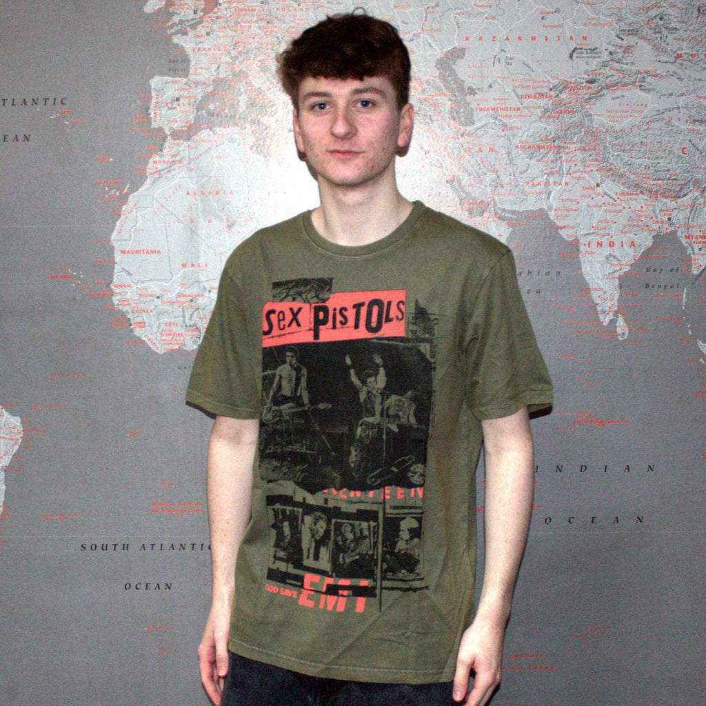 The Sex Pistols Unisex Stone Wash T-Shirt: Photo Collage (Green)