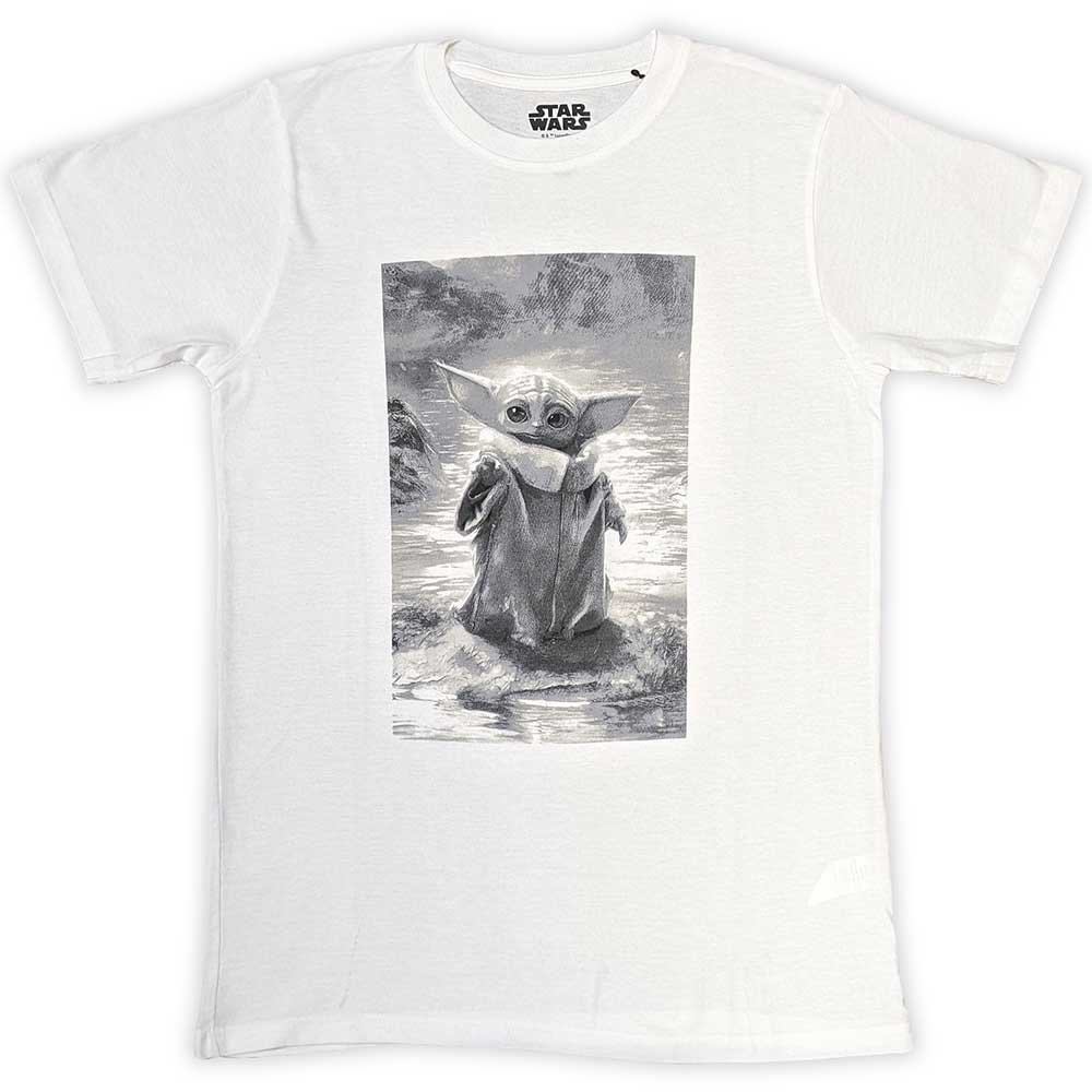 Star Wars Unisex T-Shirt: The Mandalorian Grogu B&W (White)
