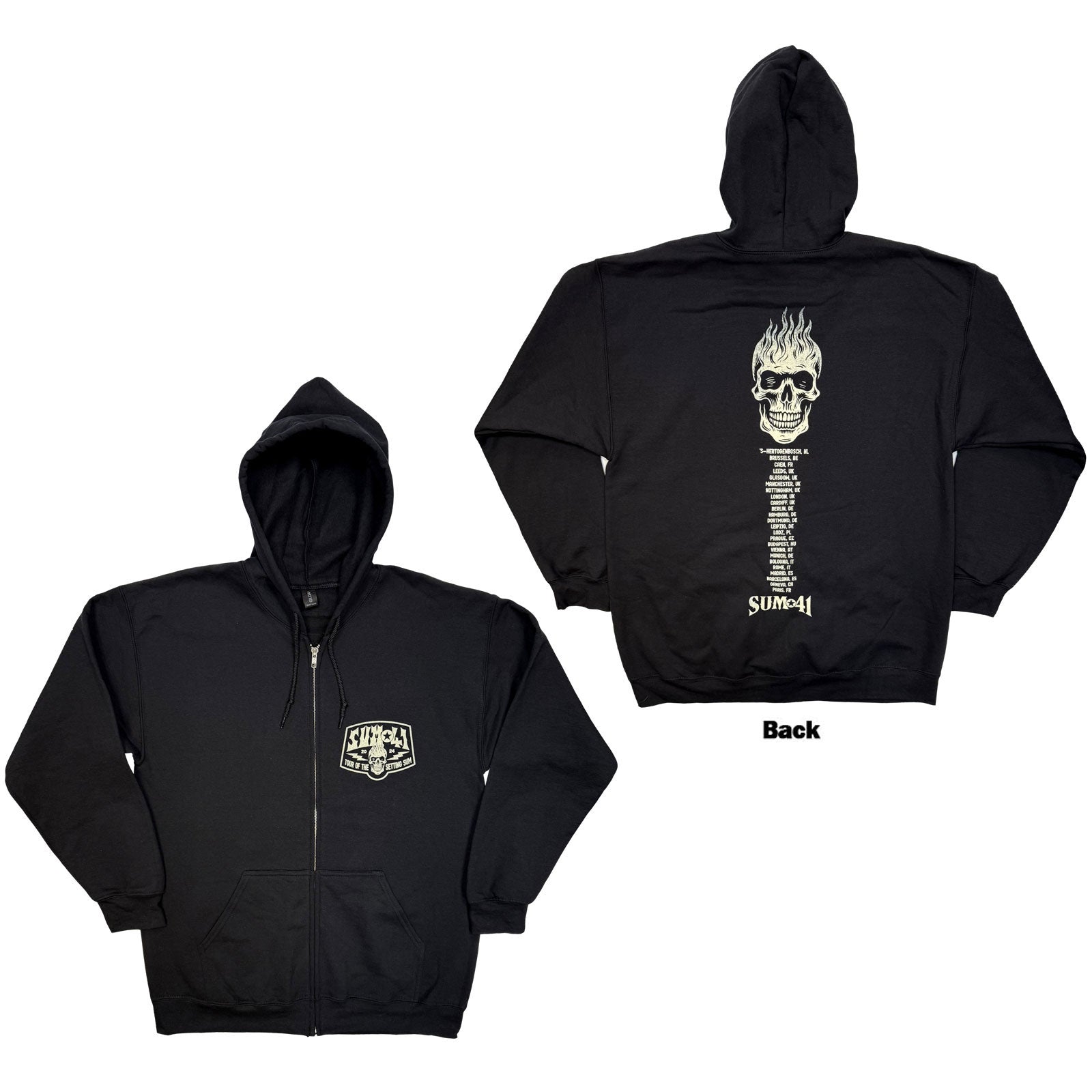 Sum 41 Unisex Zipped Hoodie: Tour '24 Pt.2 Pocket Logo & Skull (Black) (Back Print) (Ex-Tour)
