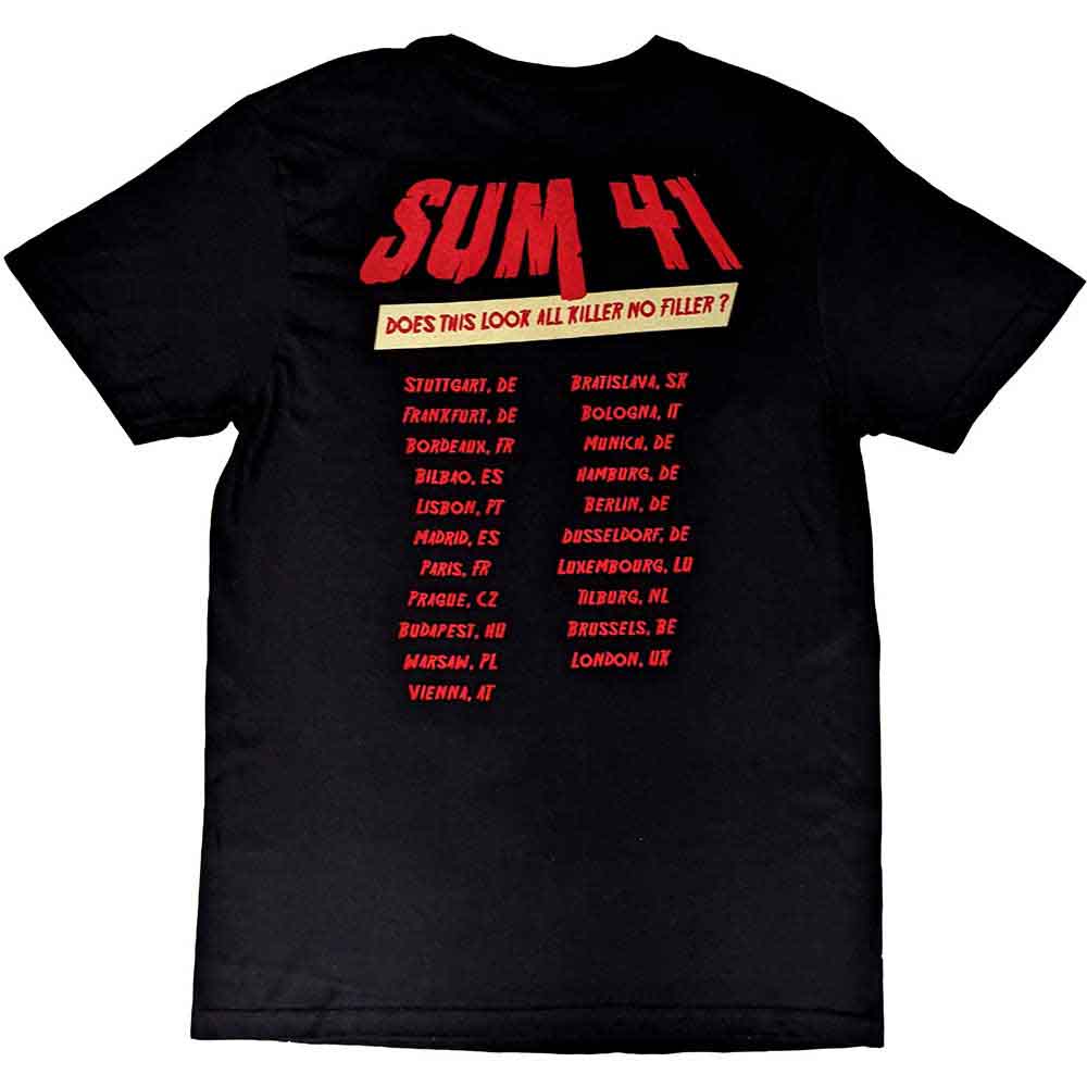 Sum 41 Unisex T-Shirt: Does This Look Like All Killer No Filler European Tour 2022 (Black) (Back Print & Ex-Tour)