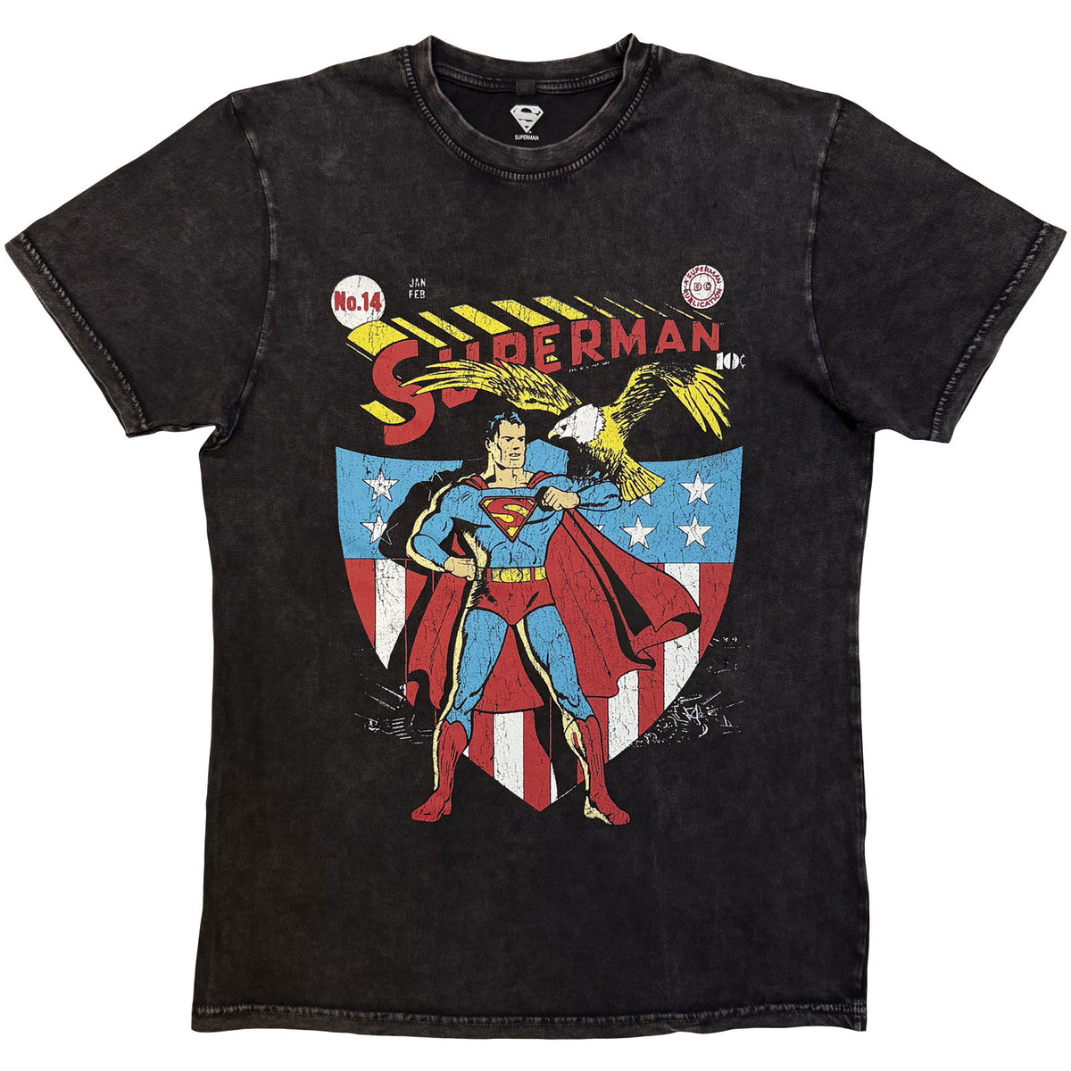 DC Comics Unisex Stone Wash T-Shirt: Superman Eagle Shield (Black)