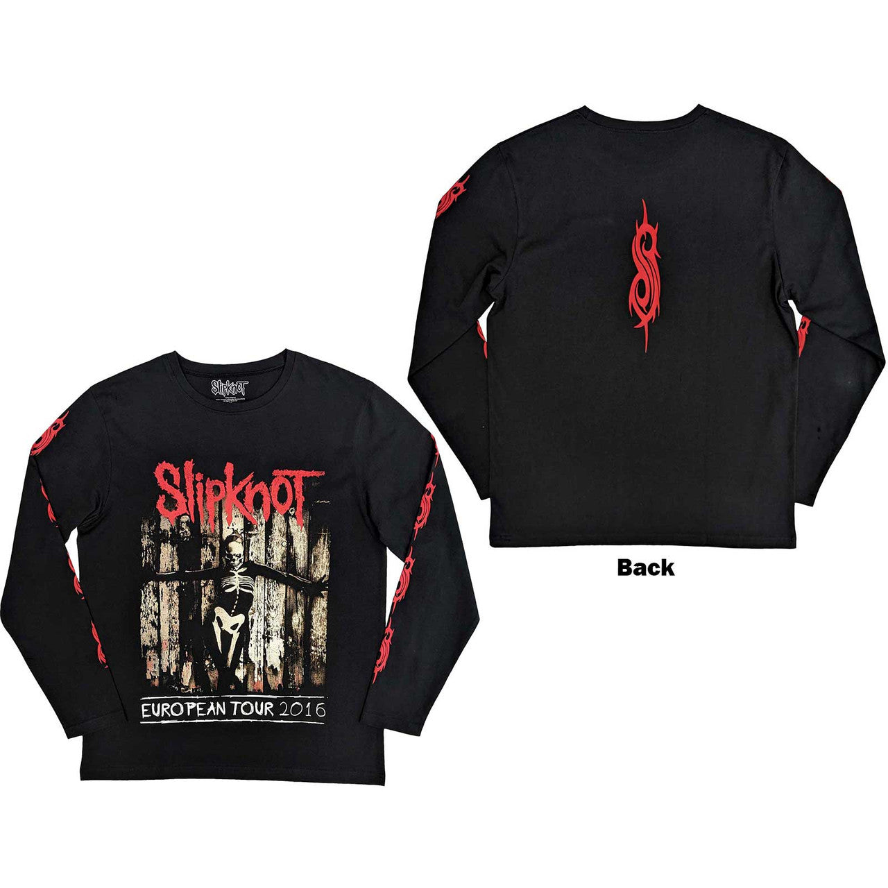 Slipknot Unisex Long Sleeve T-Shirt: Skeleton Flag (Black) (Back & Sleeve Print)