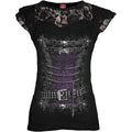 Spiral Ladies Lace Layered Cap Sleeve Top: Waisted Corset (Black)