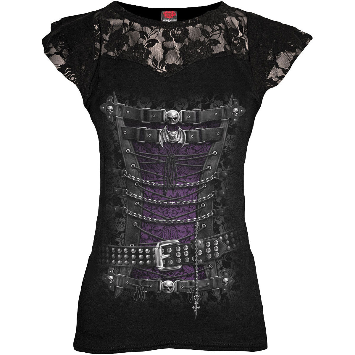 Spiral Ladies Lace Layered Cap Sleeve Top: Waisted Corset (Black)