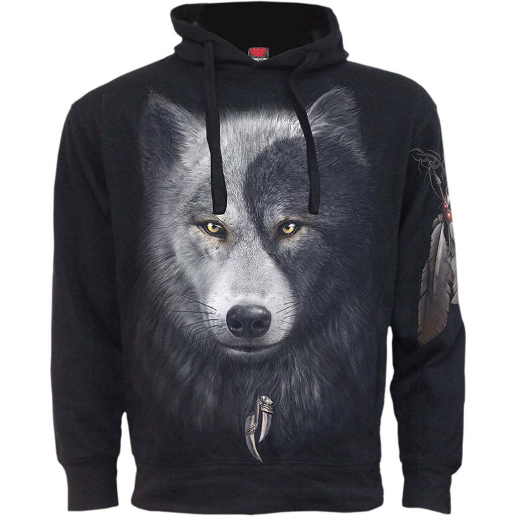 Spiral Unisex Side Pocket Pullover Hoodie: Wolf Chi (Black) (Back & Sleeve Print)