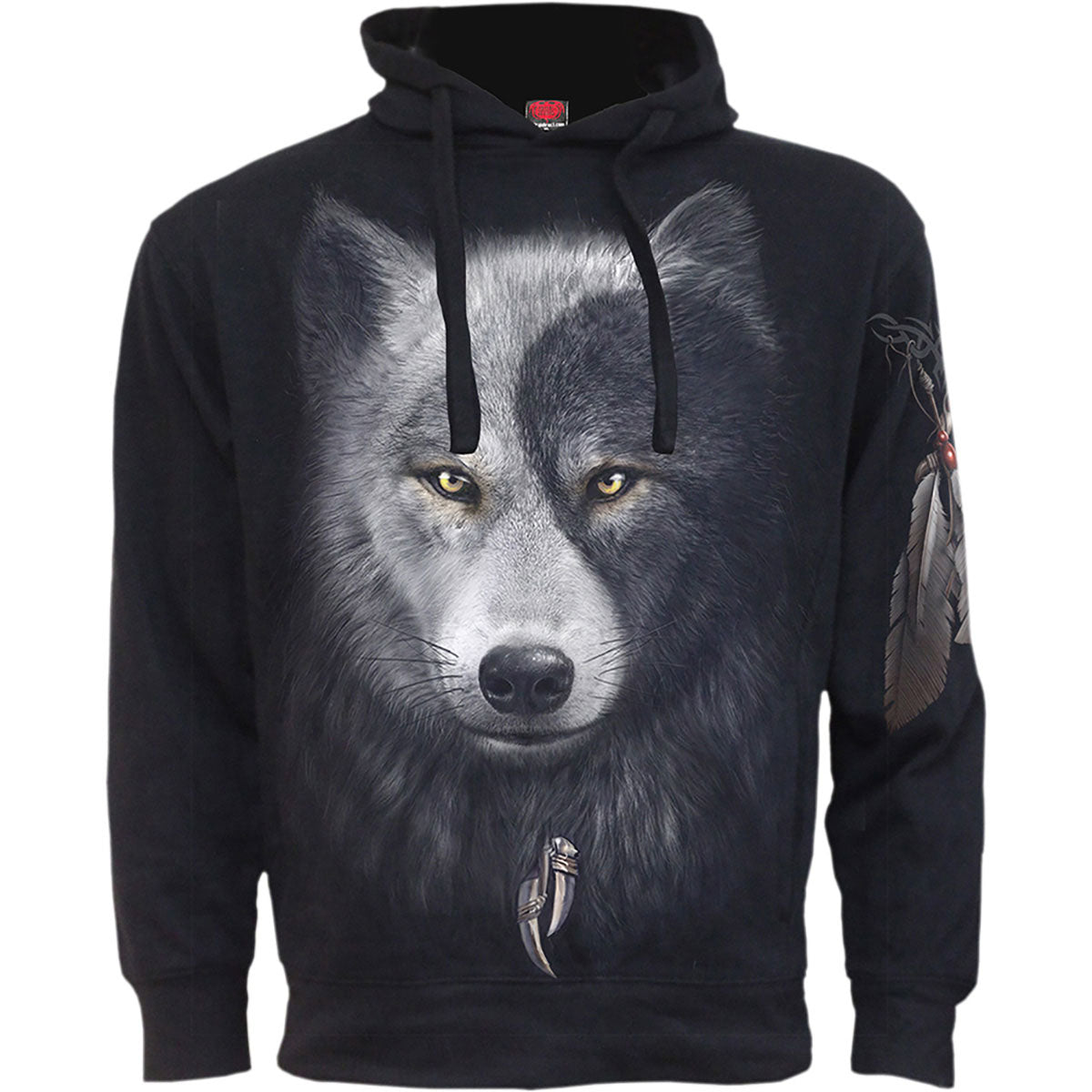 Spiral Unisex Side Pocket Pullover Hoodie: Wolf Chi (Black) (Back & Sleeve Print)