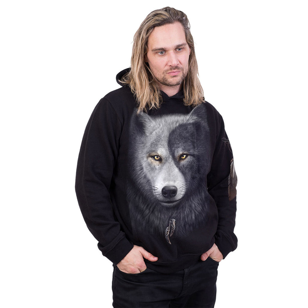 Spiral Unisex Side Pocket Pullover Hoodie: Wolf Chi (Black) (Back & Sleeve Print)