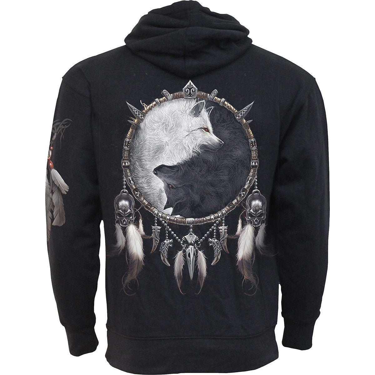 Spiral Unisex Side Pocket Pullover Hoodie: Wolf Chi (Black) (Back & Sleeve Print)