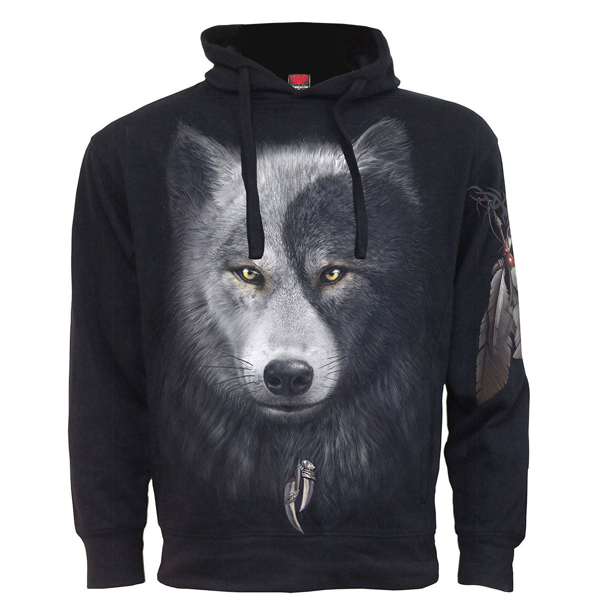 Spiral Unisex Side Pocket Pullover Hoodie: Wolf Chi (Black) (Back & Sleeve Print)