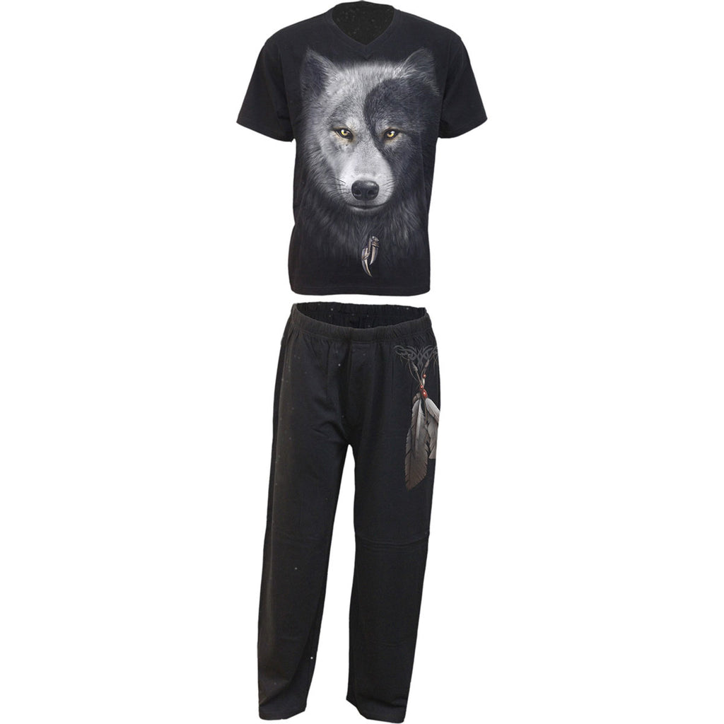 Spiral Unisex 4 Piece Gothic Pyjama Set: Wolf Chi (Black) (Back Print)