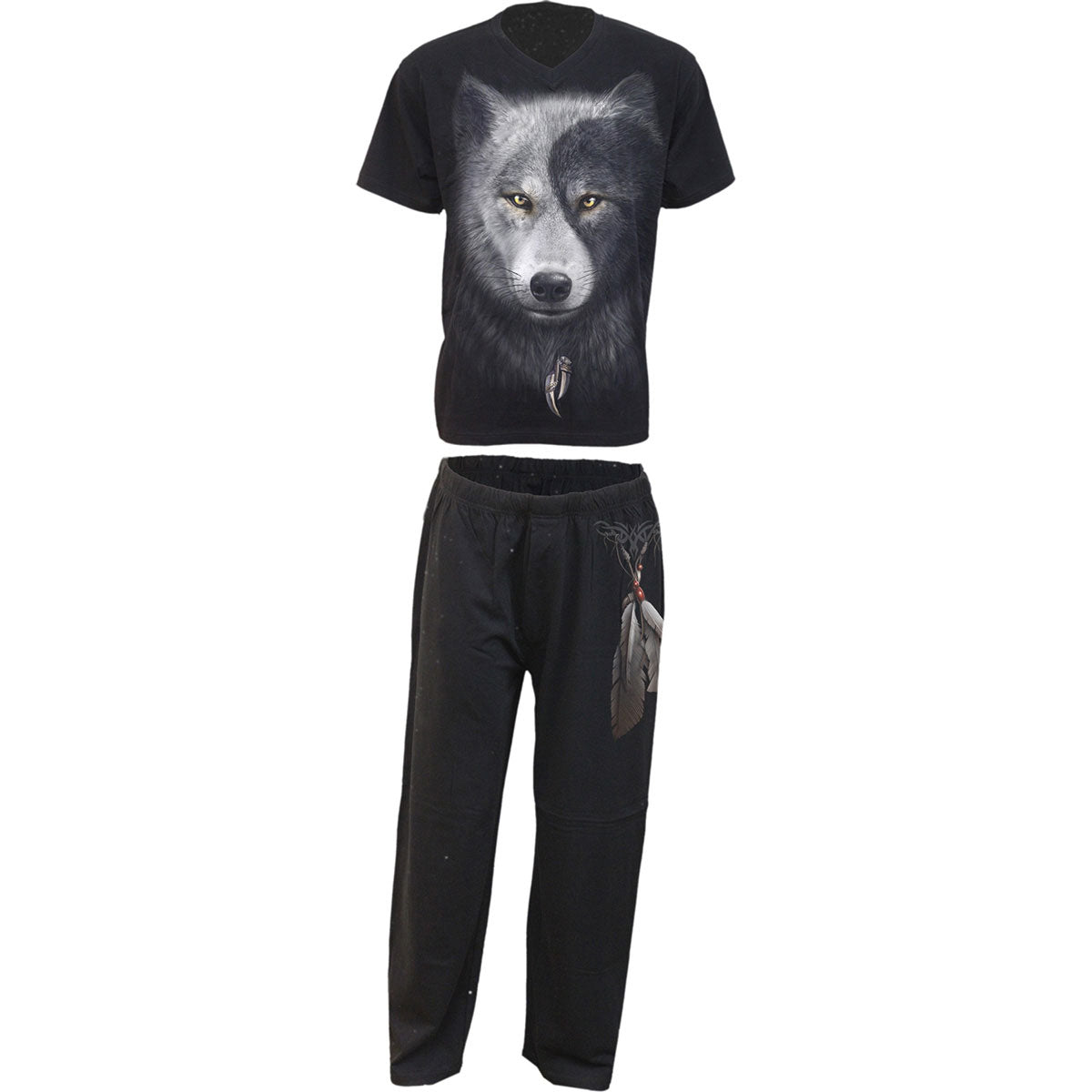 Spiral Unisex 4 Piece Gothic Pyjama Set: Wolf Chi (Black) (Back Print)
